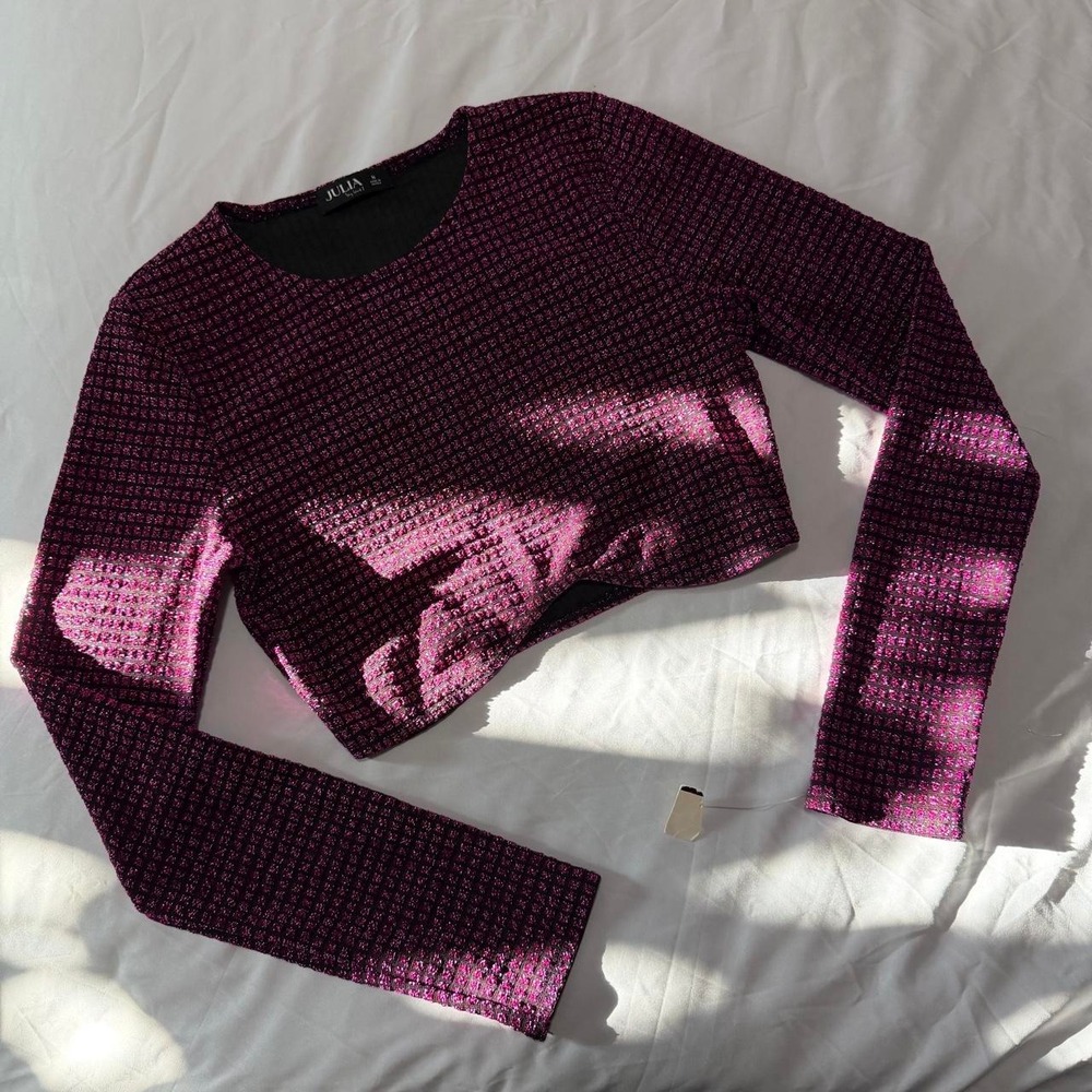 Julia by Love J Purple Metallic Geometric Grid Crop Top Long Sleeve Y2K Medium